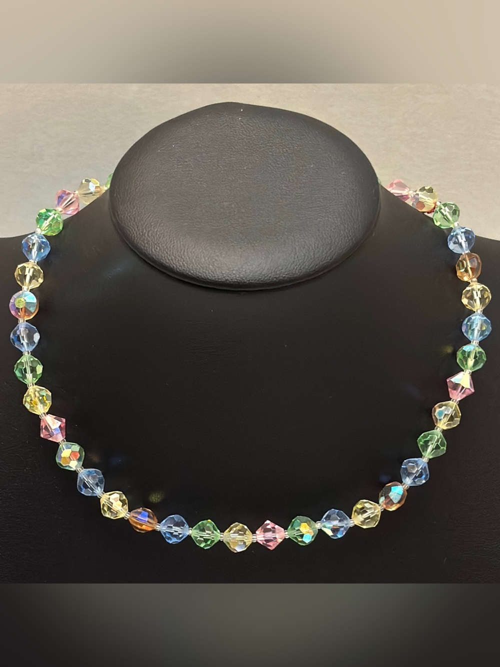 Vintage UV Reactive AB Rainbow Crystal Bead Necklace 15” Aurora Borealis